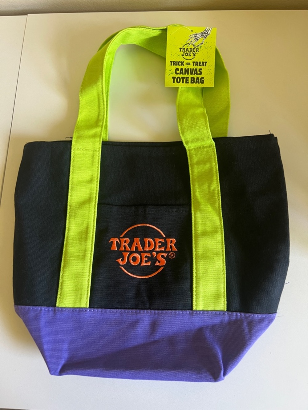 Trader Joe's Canvas Tote - Black with Lime Handles & Purple Base